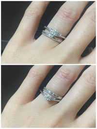 婚約指輪、結婚指輪の重ね付けについて質問です。
婚約指輪はV字なんですが、結婚指輪はストレートが好みで別の形にしました。 日常的に重ね付けしたいんですが、本来であれば婚約指輪が上だと思います。ただ、V字が上になると隙間が少し気になるのかなって…。お店の方には、婚約指輪が下でもいいと思いますと言われたのですが、見た感じどうでしょうか…？
アドバイスお願いします！
