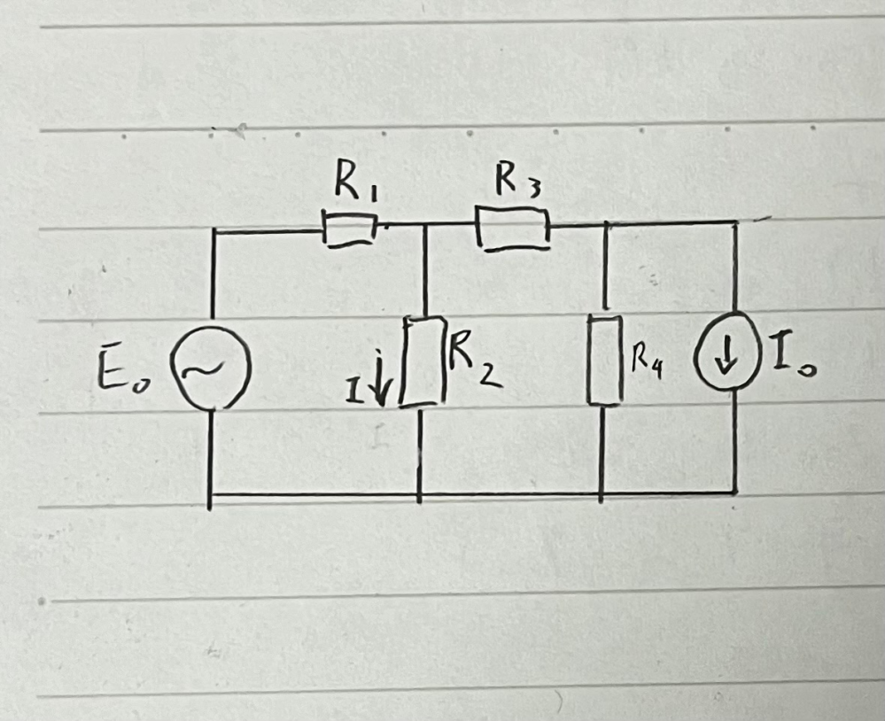 至急お願いします。 重ね合わせの理を用いてこの回路の電流Iを求めよ。 この問題の解き方と答えを教えてください。