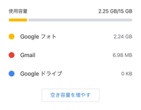 gmailの空き容量がないと表示されたので、GoogleフォトやGmail、Googleドライブを削除しました。しかし、表示が消えません。どうしたら消えるのでしょうか？ ストレージの表示は【写真】のように出ています