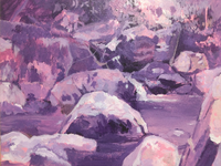 アクリル画の現段階での批評お願いします。
アクリル絵具の紫とピンクと白だけで川を描いています 絵上手い外国人が描いたような筆のタッチの残っている作品を目指しています。
そのためにはこの作品にどう加筆したらいいか教えてください。