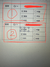 エクセルについて質問です。
チェックボックスを使いたいのですが、①と②のチェックボックスが連動してしまいます。
①の「患者」をチェックすると②の「患者」もチェックされてしまいます。 ためしにコピーではなくチェックボックスを打ち直しましたがそれでもだめでした。
それぞれでチェックするにはどうすればよいでしょうか。
