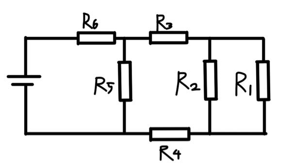 この問題を教えてください！ 1Ωの抵抗R1〜R4、0.5Ωの抵抗R5、R6を使って図のような回路を作った。R5には4Aの電流が流れている。 このとき、電源の電圧を求めよ。