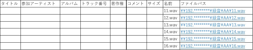 フォルダ内のWAVファイルをExcelのデータベースにしたいです。 VBAについてご教授ください。 やりたい事 \\192.*** 以下のフォルダ内のWAVファイルの情報をExcelでリスト化したい フォルダ構成は以下です。 Excel出力後の並び順と内容は写真の通りです。 フォルダ構成 \\192.******** └\録音 └\AA └11.wav └12.wav └13.wav └\BB └14.wav └15.wav └16.wav よろしくお願いいたします。