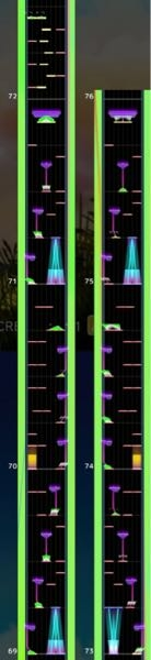 チュウニズム GARBERAの700コンボ付近やbaqqelaの後半(画像の部分)にある下にTAPの無い振り下ろしエアーが苦手なんですが、対策や練習方など無いですか？ baqqelaに関しては混フレが得意じゃないのも絡んでる気がしますが… レートは16.60超えてるので特攻とかでできないわけではないです。