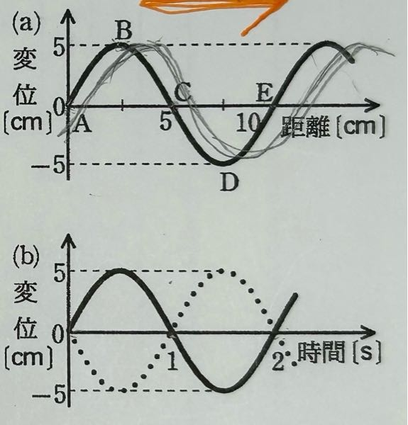 【至急】物理基礎 高一 波の範囲です。 右向きに進む正弦波があり、時刻tの瞬間の波形が図（a）に表されている。この波のA点の変位の時間変化が図（b）の実線である。また、図（b）の破線は、他の点の変位の時間変化を表している。 《問題》 図（b）の破線はB点～E点のうち、どの点の変位の時間変化を表しているか。 という問題です。答えはC点です。 C点は、破線ではなく実線でないんですか？ 説明お願いします。