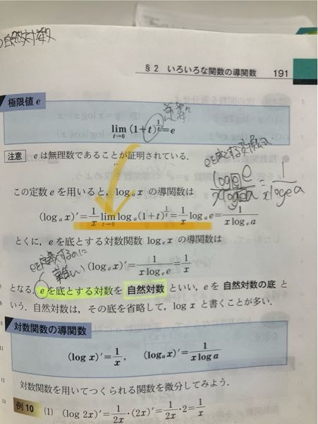 数学3の微分です。 どうして下線部の変形ができるのか分かりません。 limlogのlogとlimを入れ替えることができるのはなぜですか？