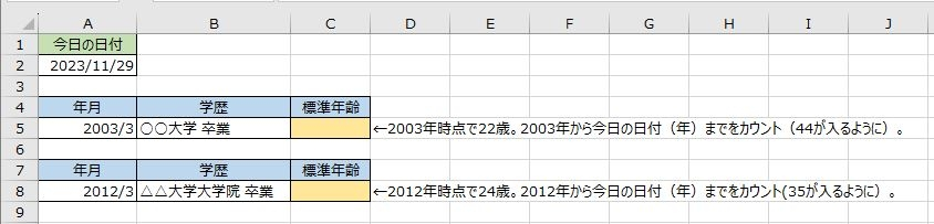 Excelで大学または大学院卒業から何年経っているかを黄色いセルに自動で算出したいです（標準年齢を自動で求めたい）。 例えば、2003年3月に大学を卒業した場合、2003年4月は22歳、現時点（2023年度）で42歳、2003年3月に大学院を卒業した場合、2003年4月は24歳、現時点（2023年度）で44歳となる計算式です。 留年しているかどうかは考慮せず、大学卒であればスタートは22歳から、大学院卒であればスタートは24歳からとなるような式です。 IF関数を使ってもしセルB5に「大学院」という文字が含まれていたら～という式を考えてみましたが、その先が浮かばず・・・。 どなたか知恵を貸してください。 よろしくお願いいたします。
