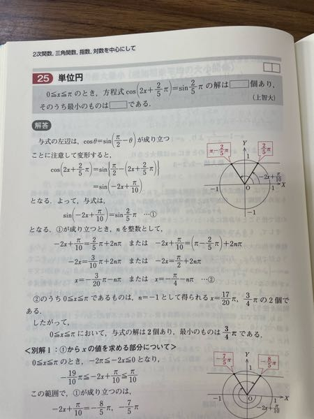 写真中央の①のあとの、「nを整数として〜」のあと、右辺を＋2nπしてるのですが、問題文で範囲が示されているのになぜこのようしなくてはいけないのでしょうか。