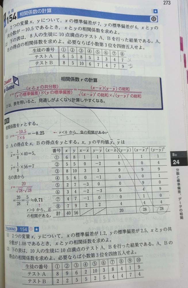 (2)のx.yの標準偏差の途中式を教えてください。答えは√28みたいです
