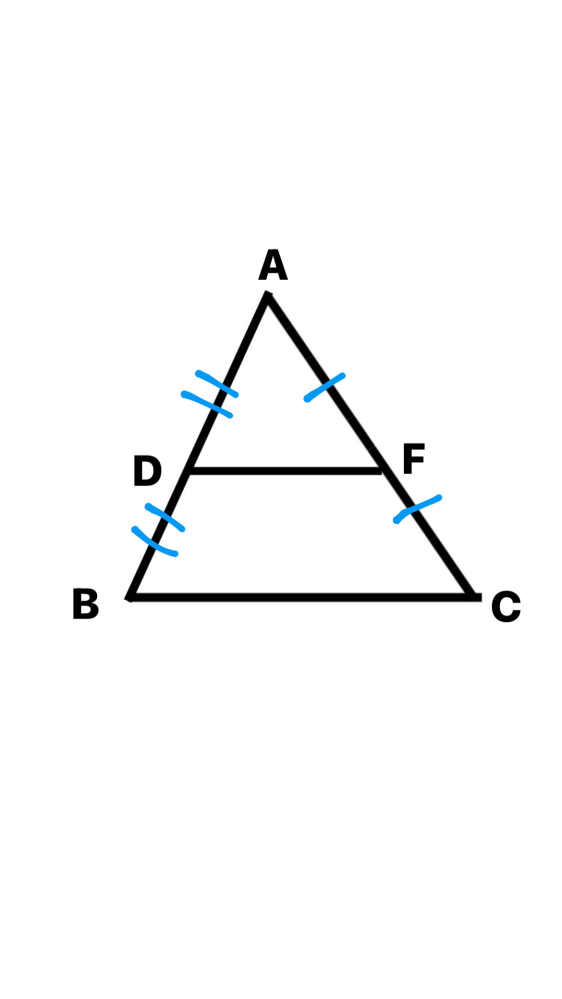 急募です AD=DB、AF=FCのとき DF=½BCは成り立ちますか。 中点連結定理についてだと思います。 分かりにくかったら申し訳ないです。