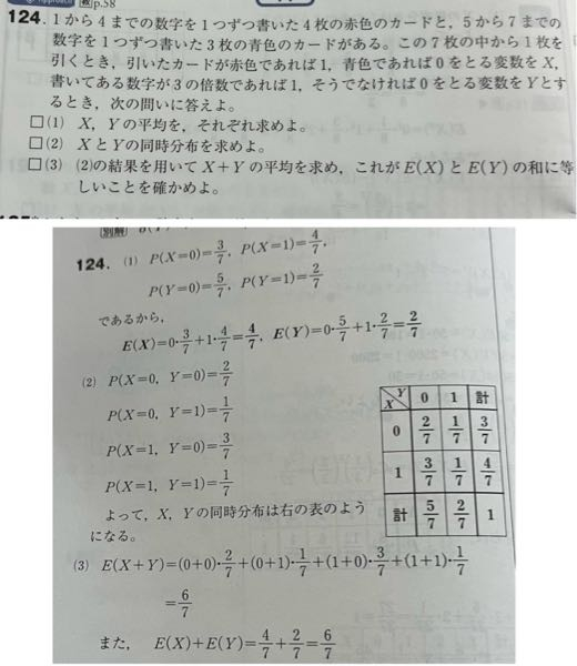 数Bの質問です。 問124(２)の同時分布の求め方が分かりません。 P(X=0、Y=0)=2/7はどうしたら出てきますか？ P(X=0)=3/7 P(X=1)=4/7 P(Y=0)=5/7 P(X=1)=2/7 までは求められているのですが、これらの数字は関係ないのでしょうか？ 回答よろしくお願いします。