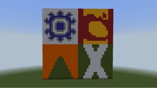 マインクラフトで コンクリートブロックを使って 紋章を作ってみたのですが かっこいいと思いますか？ 紋章の意味としては 右上 情熱と活気を表す炎 右下 国にそびえる山々 左上 国の統治を表す目 左下 国を照らす太陽の光 こんなかんじです。