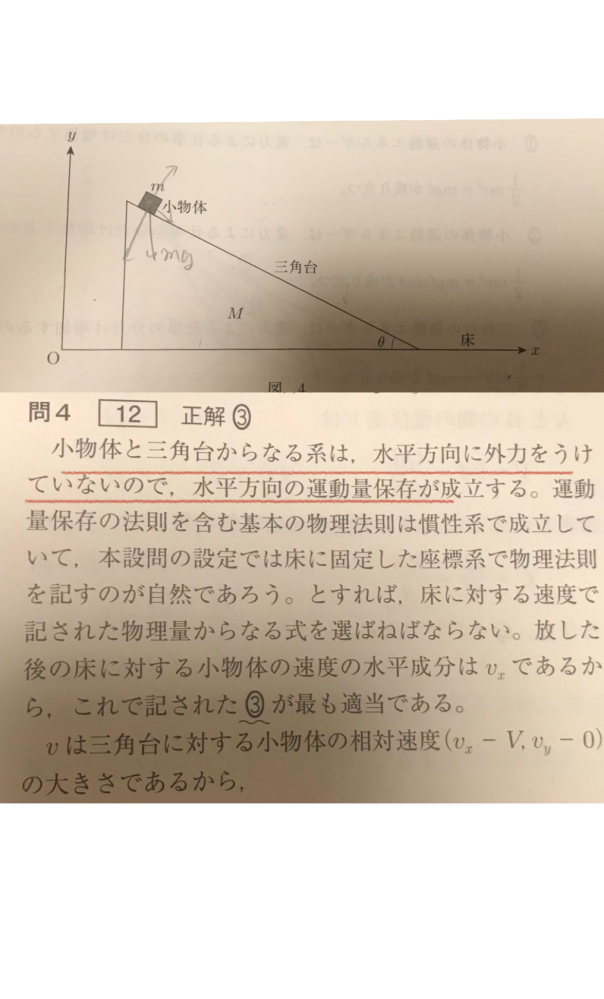 物理です。 赤線部分で、水平方向に外力を受けないから水平方向の運動量保存則は成り立つと言っていますが斜面方向の重力成分があるのだから水平方向にも保存してなくないですか？