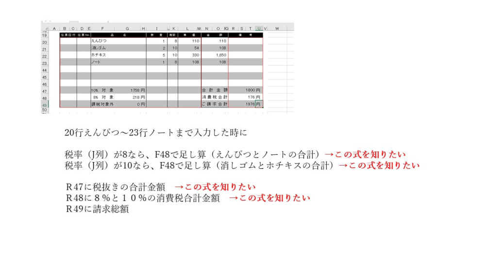 Excelの関数を教えてください。 インボイス対応の請求書を作成しようとしています。 画像添付で実際の請求書とどこでどのような式を望んでいるかを記してあります。 画像を開くお手間をおかけいたしますが、どうぞよろしくお願いいたします。 4つすべての式でなくても、1つだけの回答でも結構です。