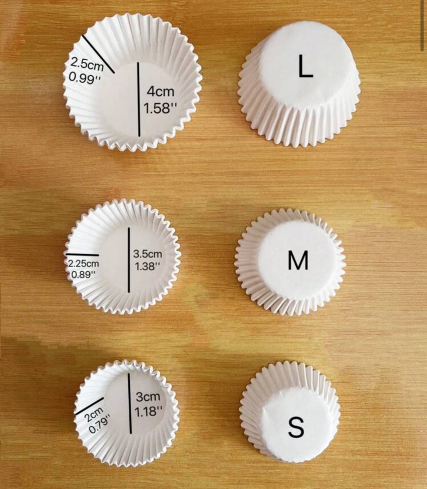 この画像のカップケーキの型のSのサイズは 5号 6号みたいなので表すと何号になりますか？ また、このSサイズの型は百均に売ってますか？