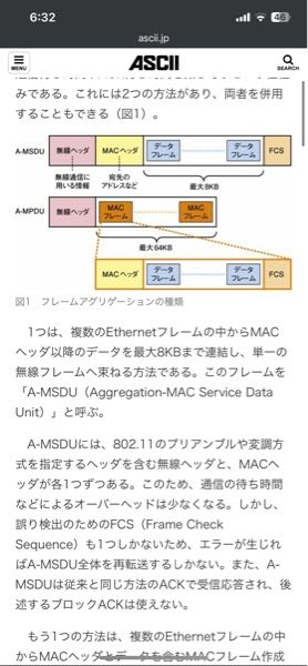 この画像の下の方に、 「なお、A-MSDUにMACヘッダを付けたものを連結して、A-MPDUとして使うこともできる。」 とありましたが、A-MSDUにMACヘッダを付けた場合先頭から MACヘッダ、無線ヘッダ、MACヘッダ、最大8KBのデータフレーム、FCS という形になりますか？ こちらのサイトです https://ascii.jp/elem/000/000/469/469209/