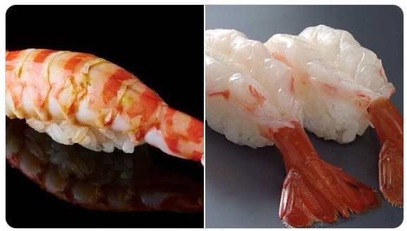寿司 えびの握りについて質問です 回転寿司などでアップした画像のように 左右のような全く色のちがったえびを見かけますが どう違うのでしょう？ 処理の仕方かなにかでしょうか？