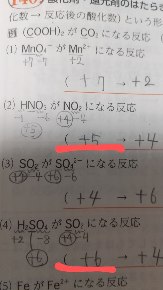 酸化数についてわからないことがあります。 (2)はHNO3のNの酸化数が+5になり (4)はH2SO4のSの酸化数が+6になる理由が分かりません。 良ければ教えていただきたいです。