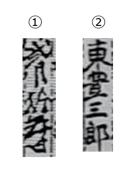 古い記録の漢字が読めません。ご存じの方がいらっしゃいましたら教えてください。 ①は漢数字です。2月1〇日の〇は何でしょうか？ ②は人名です。東〇三郎の〇は何でしょうか？ よろしくお願い致します❣