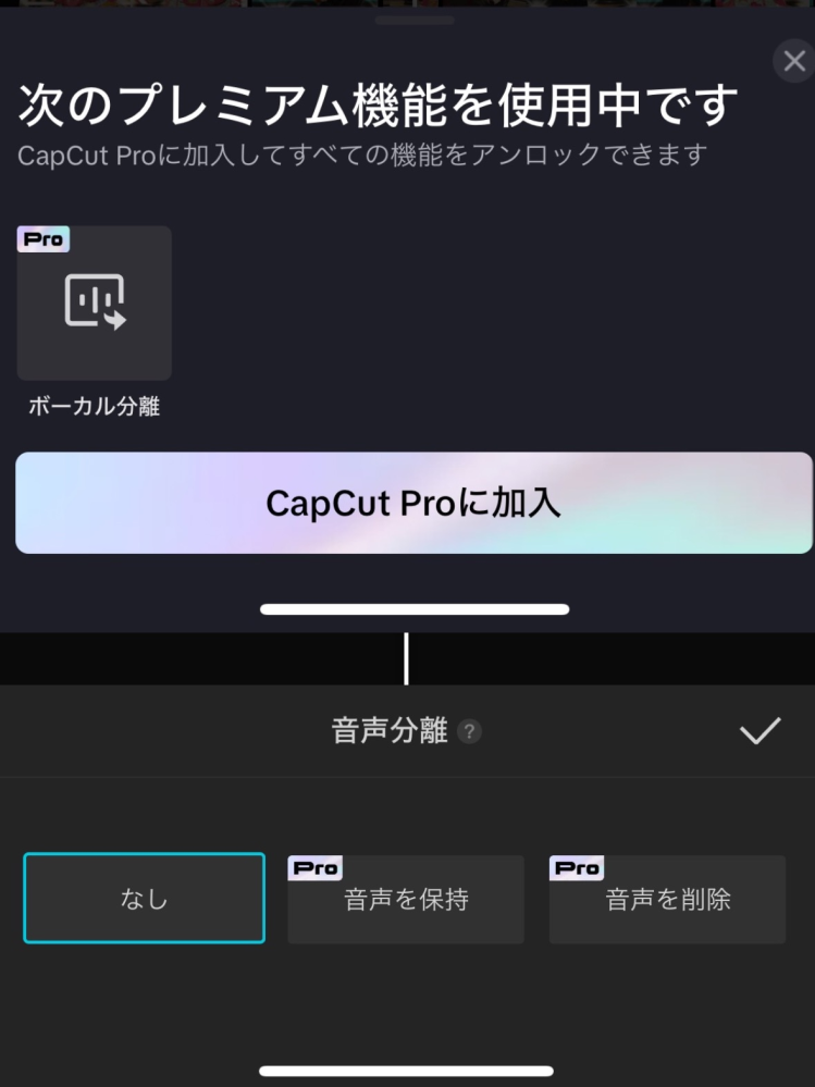 CapCutを使用している時に、間違えてProの機能を使ってしまいました。(画像上) 画像下の状態(なし)にしても動画が保存出来ません。 この加工の外し方を教えていただきたいです。 頑張って加工したので作り直しは嫌です... お願い致します。