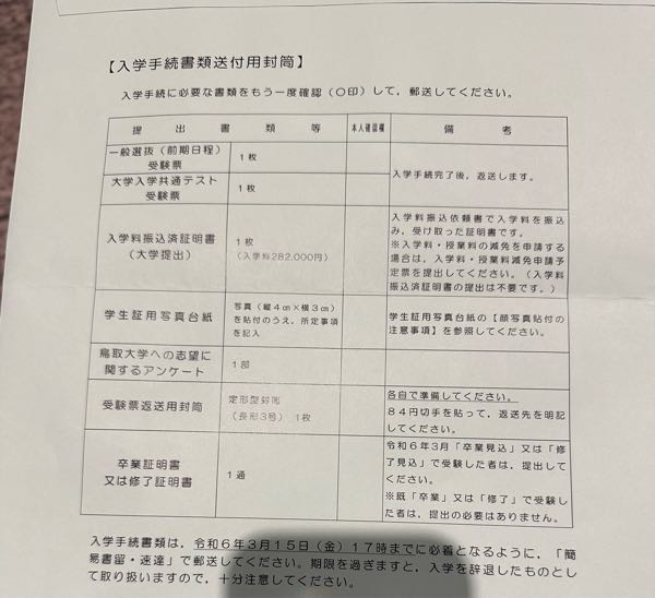 入学手続き書類 緊急です。 - 鳥取大学に入学予定なのですが、入学手続き書類の