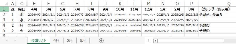 Excel2016 検索系の関数について質問です。 添付画像のように、年間の会議スケジュール一覧があります。 これを月ごとシートに用意しているカレンダーに呼び出していきたいのですがうまくできません。 VLOOKUPでやろうと思ったのですが、4月はE列～、5月はF列～というように範囲を変更しないといけないですよね…。 VLOOKUPの検索範囲をシートごとに自動的にずらす方法とか（検索範囲を検索する？） 別の検索関数で検索範囲をシートごとにE1、F1、G1…を起点にする方法とか どうぞ教えてください。 こちらのスキルはVLOOKUP、INDEX・MATCHなどは使えて、初見の関数でもググりながらできる程度です。