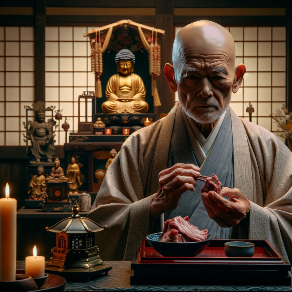 日本の仏教はは平気で肉を食べます。肉は身体に悪い事も知らず、ただ、煩悩にから れて肉を食べる事を肯定する日本の仏教はおかしくないでしょうか? そんな肉食仏教にお経を唱えられても報われないと思いませんか? https://www.youtube.com/watch?v=7SeWf7AAtJw&list=LL&index=3&t=2s https://www.youtube.com/watch?v=TR2qThPn8eE&list=LL&index=2&t=22s 写真は住職が仏壇の前で肉を食べている様子です。