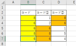 Excel関数について質問です。 添付の表にあるように、B列（黄色セル）に、以下の条件に当てはまる値を返したい場合の数式を教えていただけないでしょうか。 ・黄色セル内にはコード①、コード②に入力された”6”もしくは”８”を抽出したい。 ・コード①に”6”もしくは”８”が入力されていない場合、コード②の列にある”6”もしくは”８”を抽出したい ・コード①に”6”もしくは”８”が入力されている場合、同行にあるコード②には”6”もしくは”８”は存在しない。 同じくコード②に”6”もしくは”８”が入力されている場合はコード①に”6”もしくは”８”は存在しない。 関数で解決できるのか分かりませんが、ご回答お待ちしております。 よろしくお願いいたします。