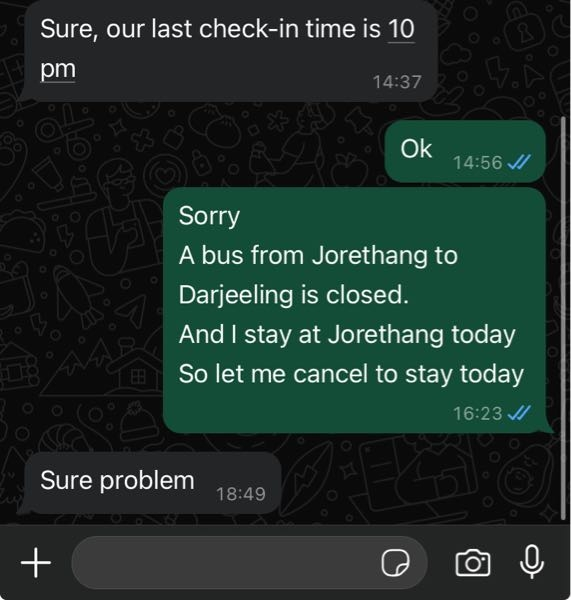 インドのゲストハウスに泊まろうとして当日キャンセルになってしまいました。 そのことをWhatsupでホテルのオーナーに伝えたら「sure problem 」と返ってきました。 これって、 「確かに(当日キャンセルなんてされたら)問題だわ」って意図ですかね。 インド英語詳しい方教えて欲しいです。 ちなみにここのホテルはネットや電話での予約はしてなくて、前日に泊まってたゲストハウスの人の紹介で「今日ここに行ってみなよ」とノリで決まって、当日の12:30頃に連絡したホテルです。 先方には申し訳ないですが正直やむを得ないキャンセルではあります。(もちろんキャンセル料正式に請求されたら払います。料金すら聞いてはいないですが、一泊1000円もしないくらいではあります。)