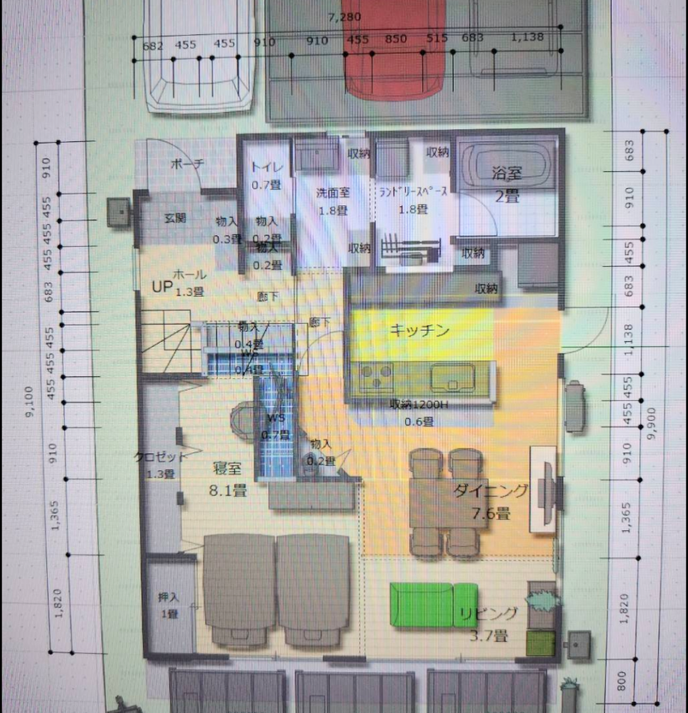 まどり 間取りを考えて頂けませんか？条件北道路、間口9m南北に9100南西に