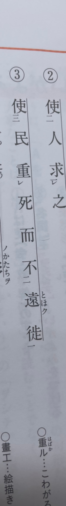 ③についての質問です。現代語訳を見ると【民をして死を重り遠く徒らざらしむ】となっているのですが、どうして、重る（はばかる）を重り（はばかり）と読むのか教えて頂きたいです。宜しくお願いします。