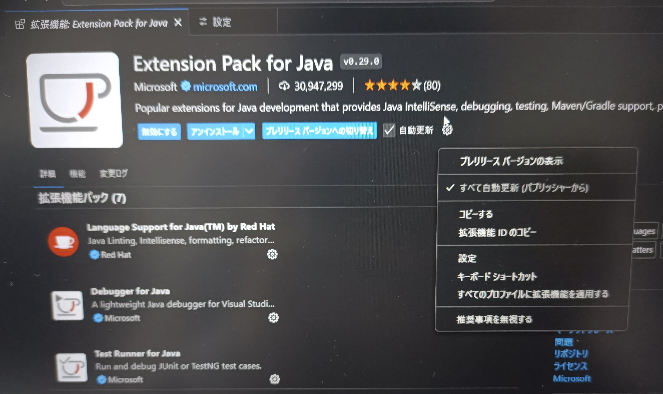 至急お願いします！ VSCでExtension Pack For Javaを インストールしたのですが、 設定マークの所に拡張機能の設定ボタンが無かったです。 どうしたらJavaHomeを設定する事ができるか教えてほしいです！！ Windows11でJDK23のバージョンです。