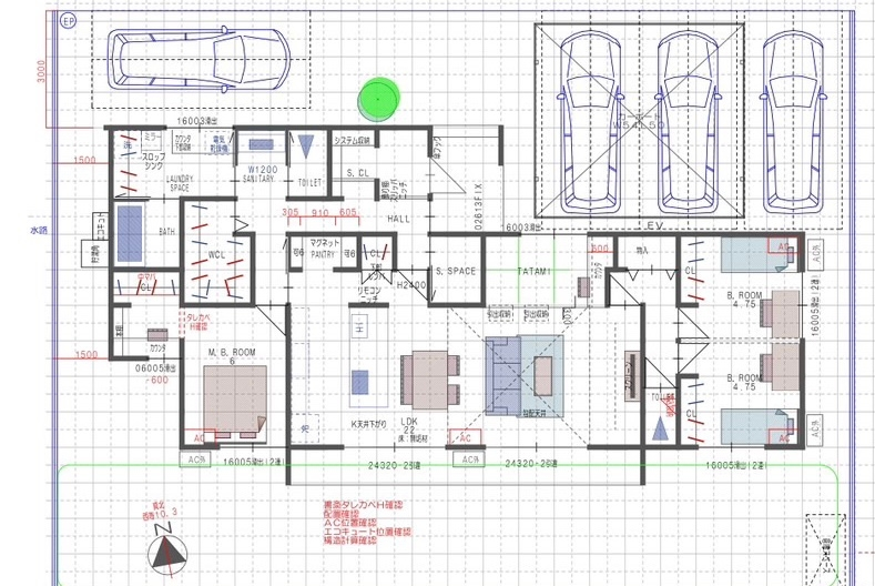 間取りについて良いかどうかのコメントだけでも頂ければ嬉しいです。新築住宅の間取り案ですが、ほぼ確定です。 ここから大きく間取り変更はないものと思います。 もし可能なら、 ①畳コーナーのカウンターと、そのままLDKを45センチ縮めることによっての広がり方などへの影響。 ②書斎はしっかりあります。 畳コーナーのカウンターは皆さんなら不要ですか？ ③ソファーを置いた場合、ソファーからテレビまで3m弱は かなり圧迫感があるか？ 間取りのポイントは以下です。 ①子供部屋と寝室は東西に物理的に分離 ②ランドリー、洗面、トイレ、ファミクロをまとめて 動線確保しました ③寝室内に書斎を設け、書斎の後ろには、あまり使わない衣服や布団、書斎の小物を片付けるクローゼットを配置。使用頻度は少ないため、書斎には影響ないと判断。クローゼットはオープンタイプで、収納力重視。 書斎入り口にロールカーテンをしてクローゼットの見た目やプライバシーを確保。 ④玄関ホール東側に窓を設けて採光を確保。 ⑤掲載間取りからは変更していますが、パントリー東側の収納は、リビング側と玄関側に分けて、玄関側にトイレ用品を収納。 ⑥家具家電の大きさについて カップボードは45センチ カップボードとキッチンは1m確保。 キッチンは1.05m。ダイニングは縦80㎝、横1.5m。 ソファーは置くかどうか検討中。 よろしくお願い致します。