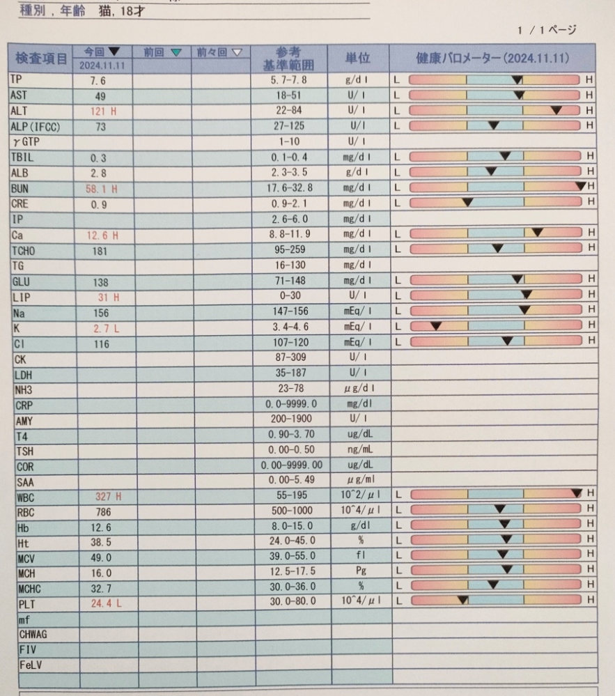 nfk様 先日はありがとうございました。 いつも通っている病院は予約制の為、すぐにはできないので近くにある病院で血液検査と皮下輸液をして頂きました。(重度の脱水症状だから血液検査の結果も高めに出ちゃう項目もあると言われました) やっと血液検査ができたと喜んだのも束の間、検査結果をいつもの病院の先生に見てもらいに行ったところ、結局は「何故 肝臓の数値が高いのか白血球数の数値が高いのかはエコーとかしてみないと分からない、血液検査だけでは治療できない」と言われ、それ(エコー)には猫の向きを変えたりして時間が掛かると とてもハードルの高い事を言われガッカリしています。 尿検査で尿蛋白が痕跡とあったので「腎臓の為に早めに薬を貰いたい」といったのですが、痕跡の為 先生は出したくないらしく出しては貰えませんでした。(今日は猫を連れて行かず猫の状態が見られなかったからでしょうか？…わかりませんが) 今日は取り合えず血液検査結果をいつもの動物病院で見てもらい、明日は猫を連れて今の状態をみせて欲しいとの事でした。 結局は血液検査ができてもその先のエコーとかができないと何も治療ができないのは仕方ないのでしょうか？ 教えてください。よろしくお願い致します。 UPC, UACの外注検査は2024年3月8日の物になります。 尿検査と血液検査は昨日です。 画像が1枚しかUPできないので血液検査結果を最初に載せておきます。