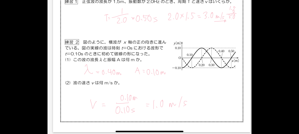 高校物理です。 （２）ですが……… 問題にはt＝0.10とあります。 公式のＶ＝λ/tをつかうと0.40/0.10だと思うのですが…… 解答は0.10/0.10でした。 教えてください。