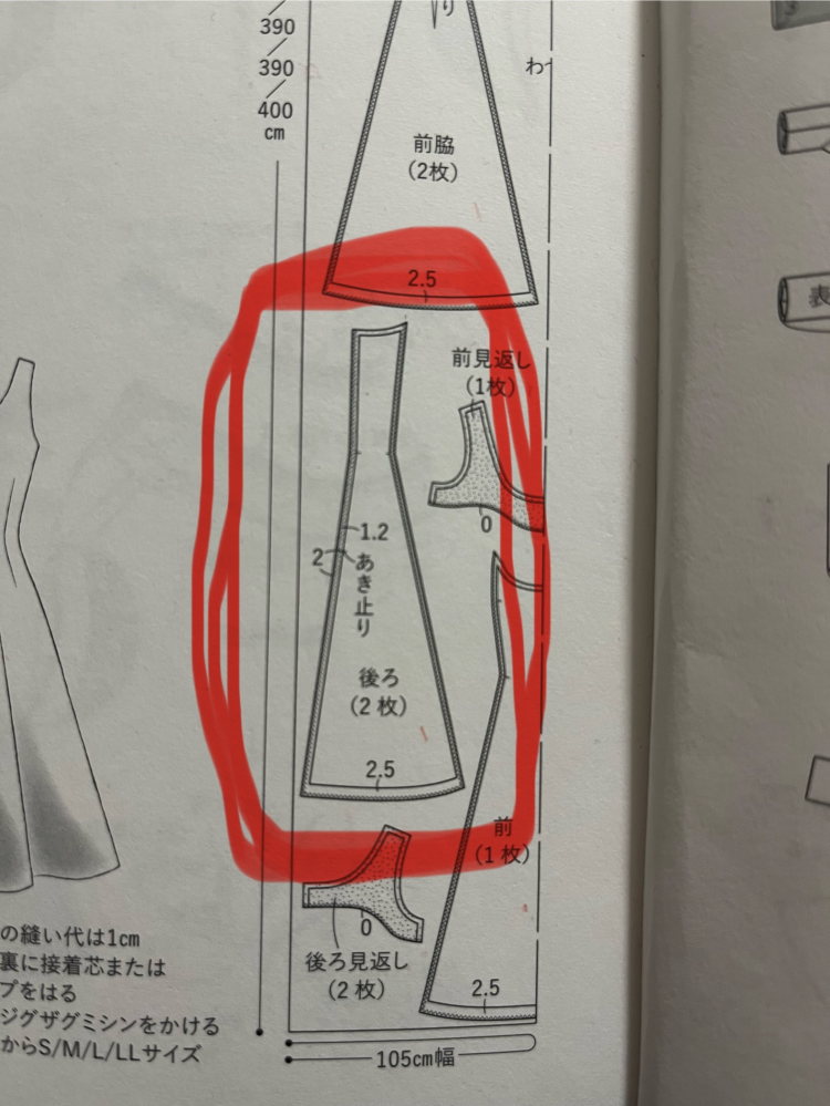 ワンピースを作っています。後ろ身頃の裾の縫い代が2.5cmということは分かるのですが、その他の部分の縫い代が1.2cmなのか、2cmなのかが、分かりません。ご回答よろしくお願いします。