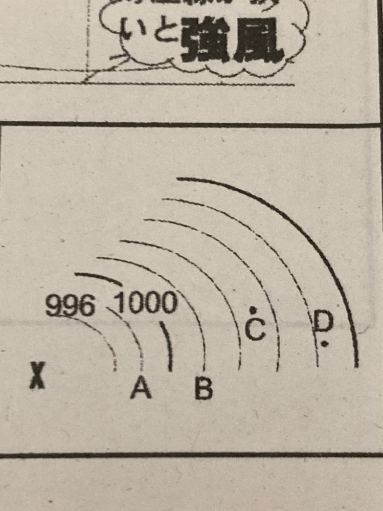 等圧線の問題です 写真のAの曲線が996hPaだとするとDはなにhPaになるのですか？ あと、簡潔に理由も教えてくださると嬉しいです。