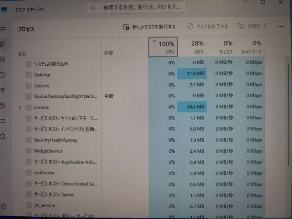 至急 パソコンがいきなり重くなったのでタスクマネージャーを開いたところcpu使用率が100となっており原因が何かを調べようとしたところ全ての項目が0%になっており、何が原因なのかが分かりません。 このような場合どうすれば良いのでしょうか？