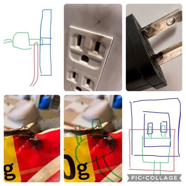 電気工事士の方、電気工事を専門にしている方、よろしくお願いします。 オーブントースターをコンセントに差し込もうとした際、内側が金属製と思われるパッケージがコンセントの近くにあり、電源コードとコンセントの間に挟まった状態で差し込んだところ、青白い火花が飛び、パチンという大きな音とともに、添付の写真のような状態になりました。 以下の点について教えていただけると幸いです。 1. 何が起こったのでしょうか？（ショートしたのだろうと思いますが、それ以外に考えられる原因があれば教えてください） 2. コンセント（写真の2口のコンセントの上側）は使っても問題ないのでしょうか？ 3. コンセント（下側）は電源を差し込んでいませんが、使っても問題ないのでしょうか？ 4. オーブントースターは引き続き使用しても大丈夫でしょうか？（写真を見る限り、金属製のパッケージと接触した部分が黒くなっています） 不注意で差し込んでしまったことは反省していますが、この経験から学べたことも多いです。上記の点について、ご教示いただけるとありがたいです。