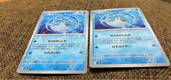 ポケカ初心者です この2枚のナミイルカの違いは何ですか？ 片方はなんかキラキラしててもう片方は普通の特に何もないカードです。見た感じキラ以外何も違いがありません。 キラキラがみやすいように斜めから写真を撮ってます。