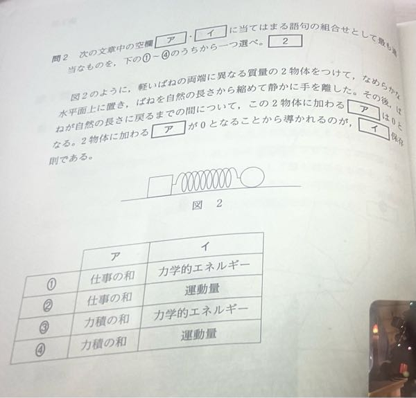 これは答えが4番なんですけど、どうしてアが力積なのか教えてください...♪*゜...♪*゜仕事と力学的エネルギーの関係、運動量と力積の関係があるのはもともとわかっていて、1と4には絞れました。