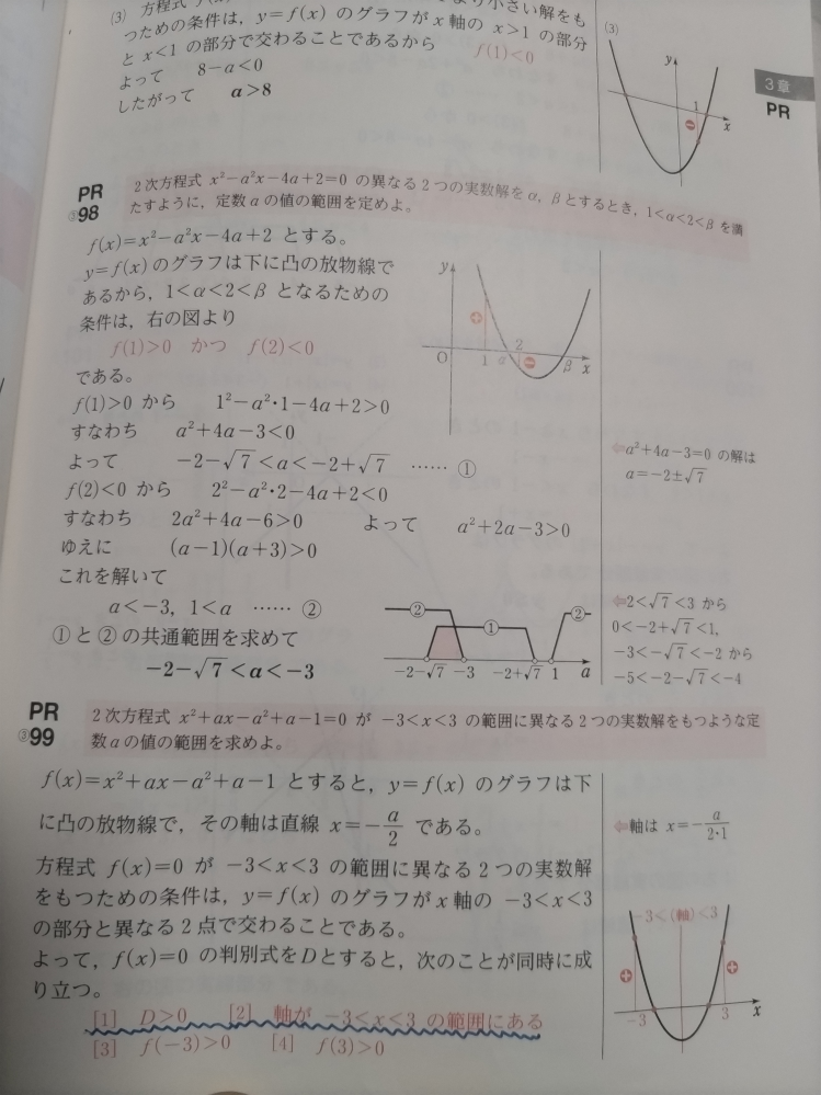 高1数学の２次不等式に関する質問です。 画像の PR99 の問題の青い波線が引いてあるところの条件は、f(0)<0 としていてはだめなのでしょうか？