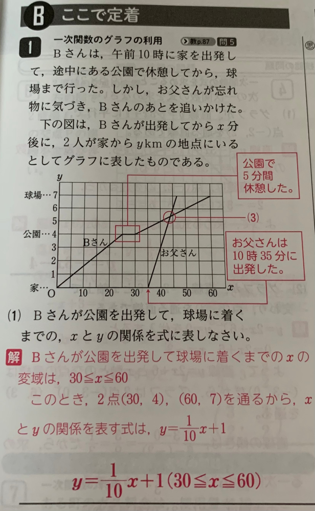 中学二年生の数学の問題について質問です。 この問題の式の切片はどうして"1"になるのですか？テストが近いのでわかる方教えてください‼︎