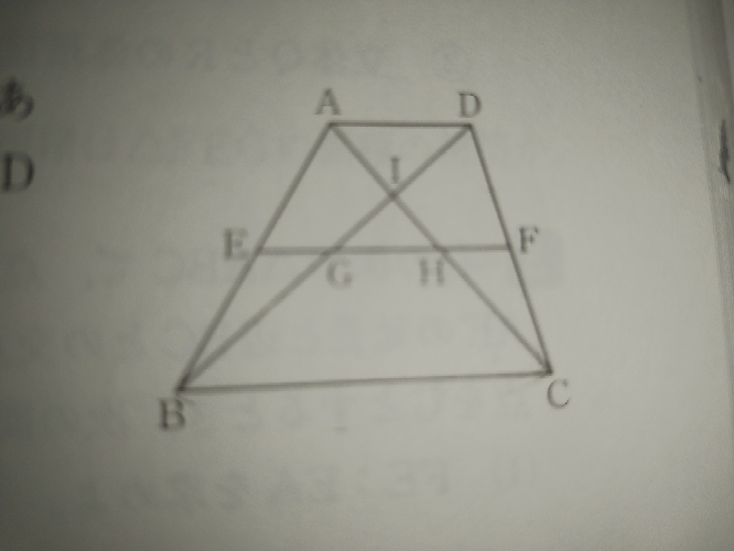 AD//BCの台形でAD6cm、BC15cm。 ABの中点をEとし、Eから平行な直線を引いた。 ①△IGHと△ABCの面積比 ②△IGHと台形ABCDの面積比 明後日テストが控えていて分からない点があったので、わかりやすく解説お願いします！