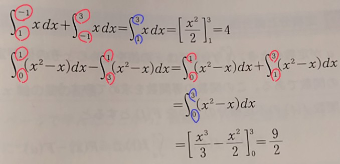 至急お願いします。 定積分の問題です。赤で囲った数がなぜ最終的に青で囲った数になるのかがわかりません。教えてください。