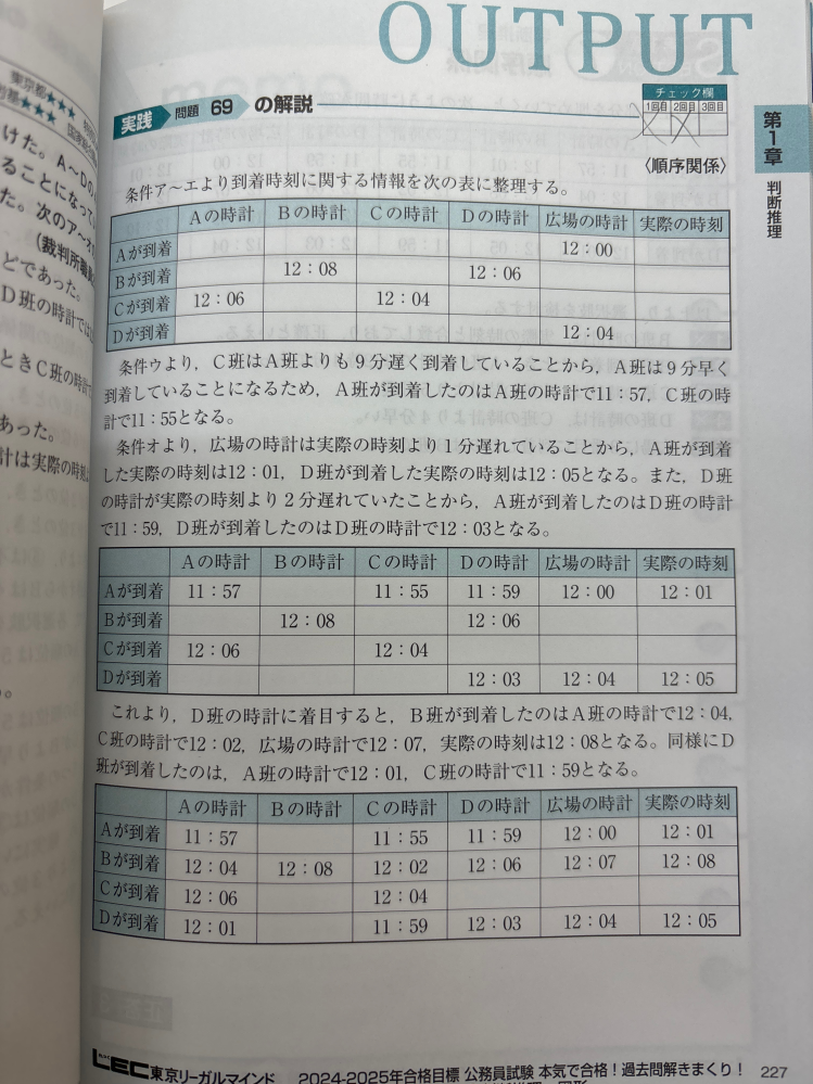 次のうち、確実に言えるものはどれか？ という問題なのですが、解答を見た際、条件オより、広場の時計は実際の時刻より1分遅れていることから、A班が到着した実際の時刻は12時1分になるとありますが、11時59分ではないのですか？この解答が間違っているのですかね？ちなみに答えは３番です。 ア：A班が広場に到着したとき、広場の時計では12時ちょうどであった。 イ：B班が広場に到着したとき、B班の時計では12時8分、D班の時計では12時6分であった。 ウ：C班はA班より9分遅く広場に到着し、C班が到着したときC班の時計では12時4分、A班の時計では12時6分であった。 エ：D班が広場に到着したとき、広場の時計では12時4分であった。 オ：広場の時計は実際の時刻より1分遅れてり、Dの時計は実際の時刻より2分遅れていた。 1：正確な時刻に合った時計を持っている班はない。 2：B班が到着したとき、A班の時計では12時5分であった。 3：C班の時計と広場の時計は、5分ずれている。 4：D班の時計は，C班の時計より4分遅れている。 5：A~D班のうち、広場に3番目に到着したのはC班である。