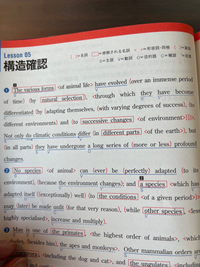 シンプルな疑問なのですが、例えば、この文章の第1文のthrough which 以降に by adapting themselves with varying degrees of success to different environments and to successive changes of environmentとありますが、with〜successをなぜここに入れるのか？と...