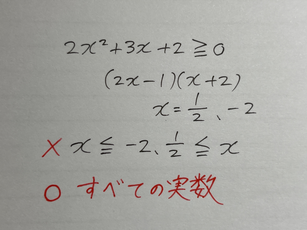 【至急】数Ⅰの二次不等式についてです。 下の問題はなぜ答えがx≦-2、1/2≦xではなく、全ての実数になるのですか？