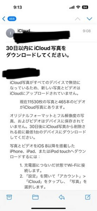 容量がいっぱいなので、以前ダウンロードしたであろう、要らない写真を含むiCloud写真を消したら、このようなメールがきました。

写真のiCloudバックアップはオンにしています。 「iCloud写真が全てのデイバスで無効になっています」と言われたのですが、写真iCloudバックアップはオンになっているため、このiPhoneが壊れても復元できるのでしょうか？

デイバスに保存してから、iCl...