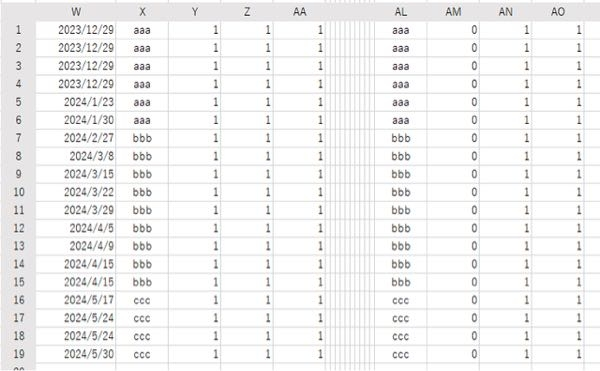 VBA Match関数を用いる場合についての質問です 下記VBAはAL:AO群を同一項目（AL列）を統合し、AM:AOを合算したものを、W:AA群のX列に入力した項目を参照して同行のAB列に並べるVBAです。 お聞きしたいのは 「rowX = Application.Match(Cells(ii, "AL"), Cells(lastRow, "X"), 0)」 のところで”型ちがい”と出ます。確認するとaaaは完了しますがbbbに進めない様です。どのようなことが原因で、同編集すれば良いのか教えていただけますでしょうか。 よろしくお願いいたします。 Dim valLMNO As Variant Dim rowX As Long Dim ii As Long Dim lastRow As Long For ii = 1 To Cells(Rows.Count, "AL").End(xlUp).Row For lastRow = 1 To Cells(Rows.Count, "X").End(xlUp).Row If Cells(ii, "AL") <> "" Then rowX = Application.Match(Cells(ii, "AL"), Cells(lastRow, "X"), 0) If Not IsError(rowX) Then dicAH.Item(Cells(ii, "AL")) = rowX End If End If Next